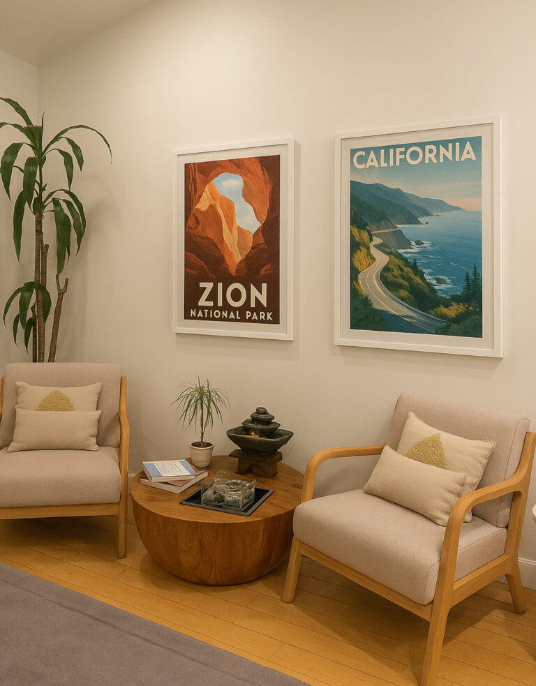 Sitting area at Revive Detox Los Angeles with two armchairs, a round wood side table and framed Zion and California travel posters