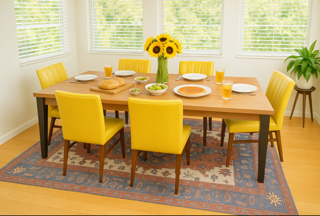 Dining room at Revive Detox Los Angeles with a wood table, yellow chairs and sunflowers by the windows
