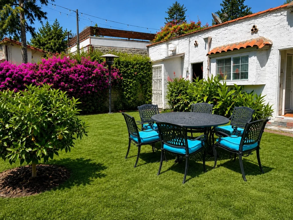 Garden patio dining area at the Revive Detox residential facility