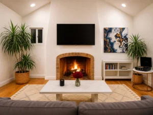 Living room with fireplace at Revive Detox Los Angeles