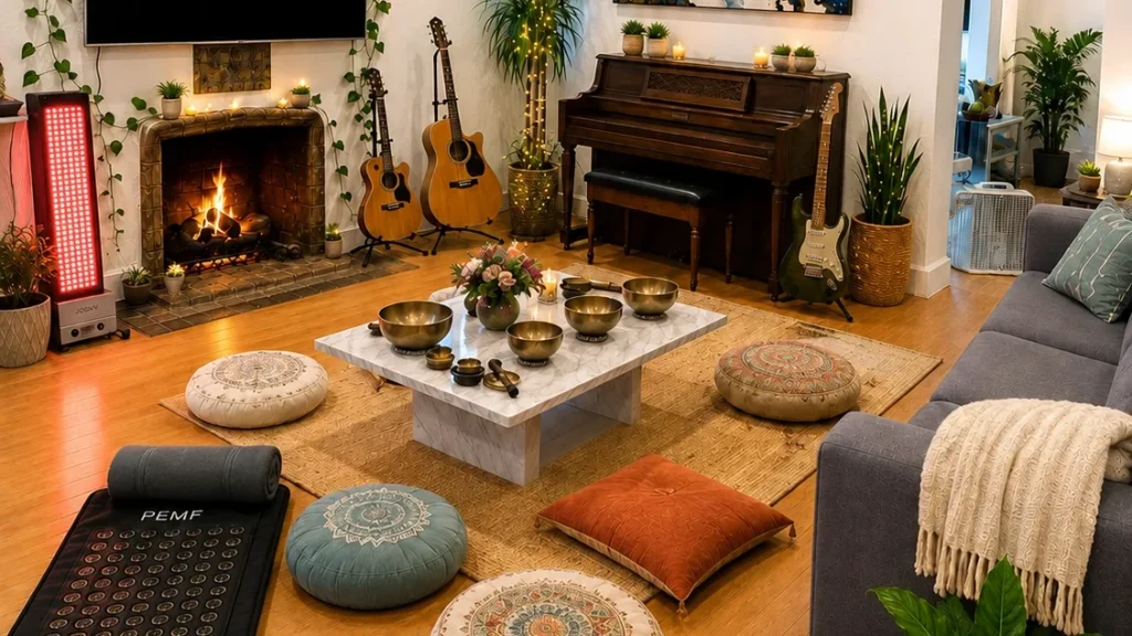 Wellness room at Revive Detox Los Angeles with a PEMF mat, red light therapy panel, singing bowls, piano and guitars